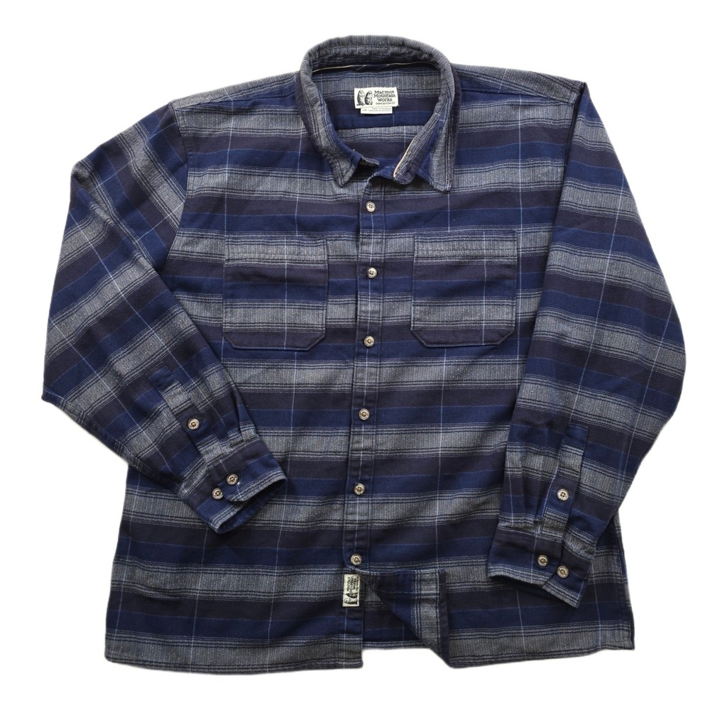 Marmot Flannel Shirt Mens Large Blue Grey Striped Herringbone Mountain Works